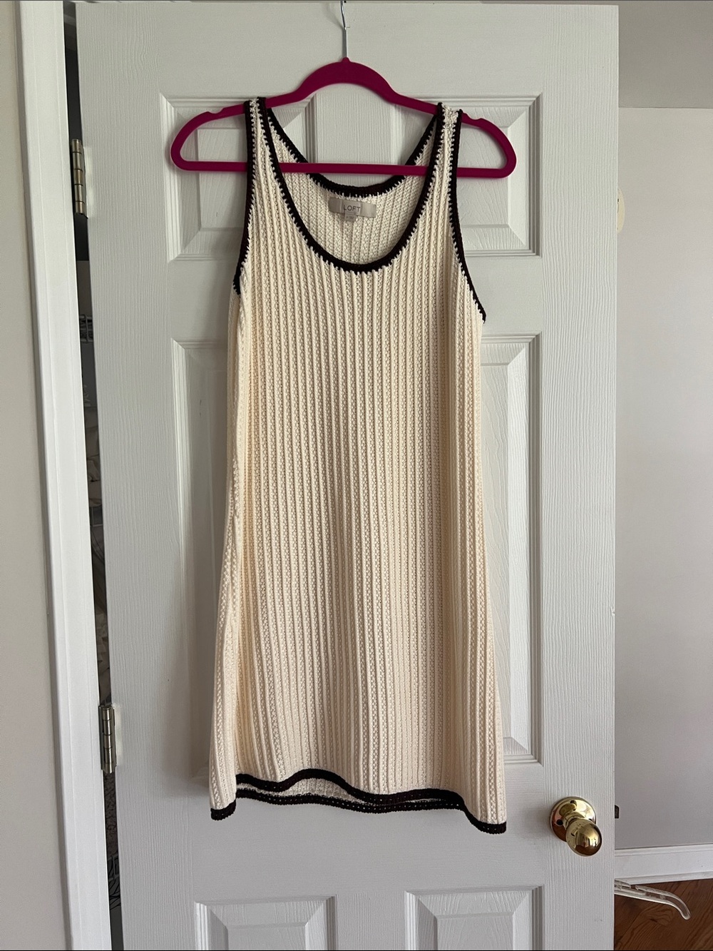 LOFT Cream Knit Tank Dress with Black Edge Trim
